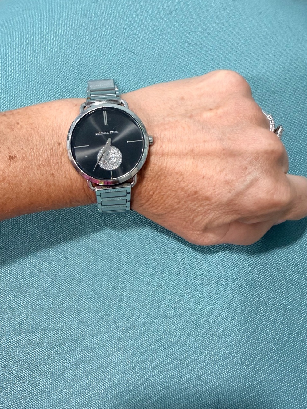 Michael Kors Men's Silver Watch with Black Dial and Crystal Accent